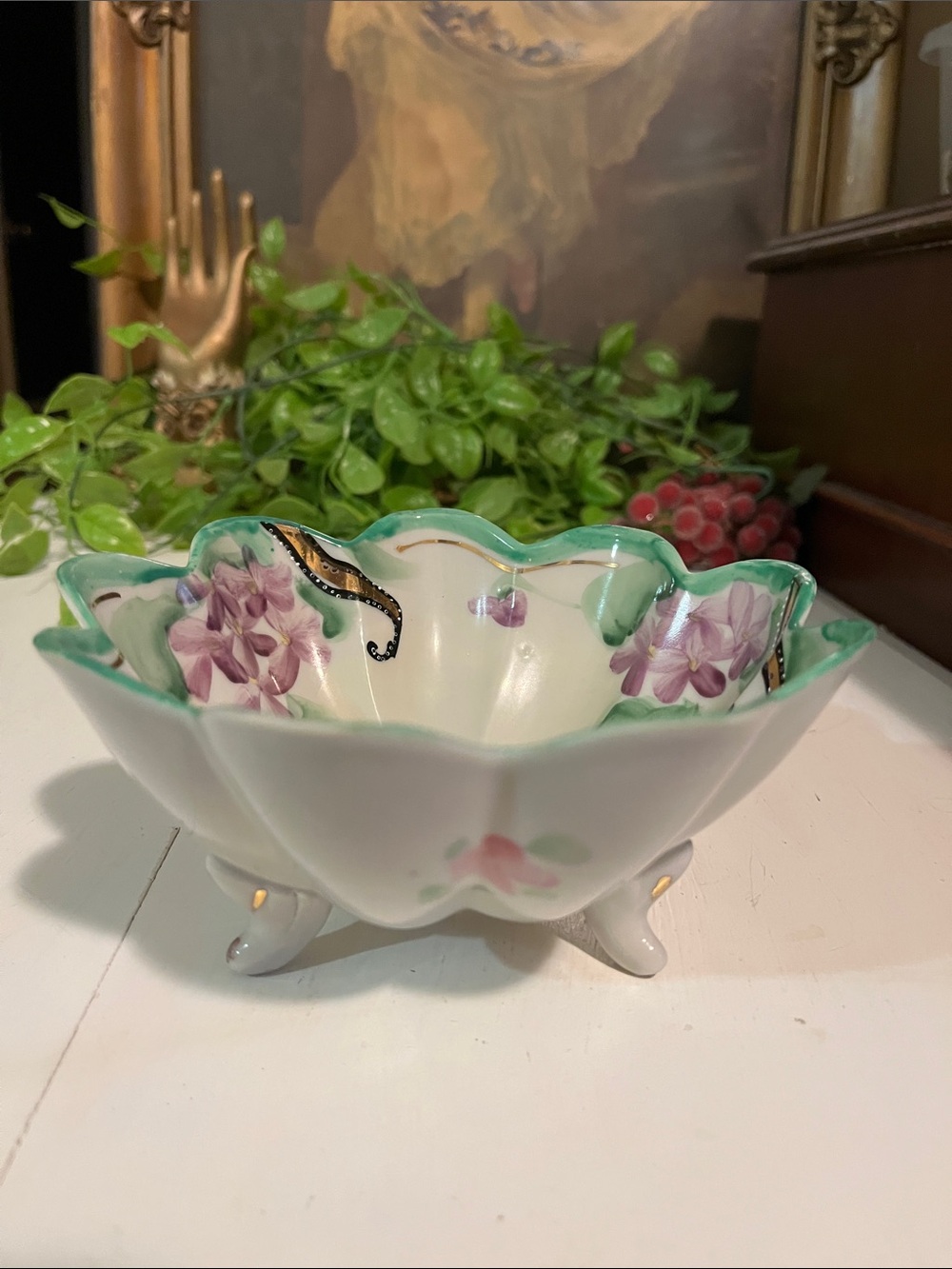 TRINKET Asian Footed Dish - Moriage - Hand Painted - NO CHIPS OR CRACKS Vintage